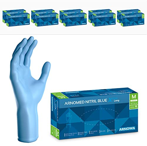 ARNOMED Guanti nitrile monouso blu extra lunghi, Guanti monouso lunghi 30 cm in M, Guanti monouso nitrile extra spessi, 1000 pz (10 scatole), guanti nitrile resistenti usa e getta lunghi S, M, L & XL