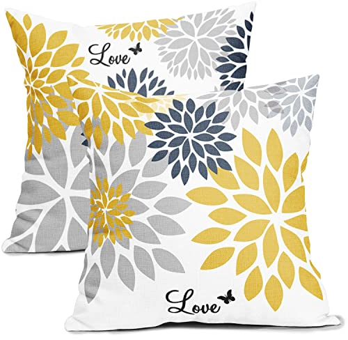 Sweetshow Blaue und gelbe Dahlien-Kissenbezüge, 40,6 x 40,6 cm, 2 Stück, elegante graue marineblaue Blume, dekorative Kissenbezüge aus Leinen, Kissenbezug für Couch, Sofa, Schlafzimmer, Wohnzimmer