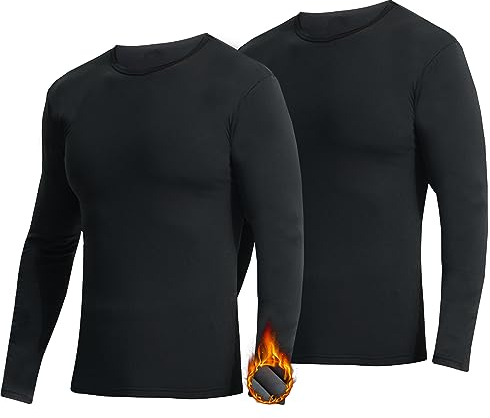 YUSHOW 2 Pack Thermal Underwear Top for Men Thermals Long Sleeve Base Layer Shirt with Fleece Lined Winter Warm Underwear Tops Crew Neck Compression Top for Cold Weather Black