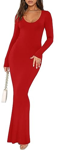 REORIA Women's Sexy Casual Scoop Neck Long Sleeve Lounge Long Dress Elegant Fall Wedding Guest Tight Ribbed Bodycon Maxi Dresses Red Small