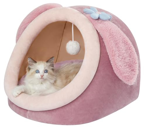Jiupety Nettes Katzenhöhle, Katzen höhle Katzen bettchen, Katzenbett Flauschig M (38 cm x 37 cm x 32 cm), Katzenkorb mit rutschfestem Boden, Kuschelhöhle Katze mit Waschbare Abnehmbare Kissen, Rosa