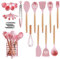 hecef 32 PCS Pink Utensils Set, Silicone Kitchen Essentials Stainless Steel Spatula Turner Heat Resistant Food Grade Cookware for Non-Stick Pans