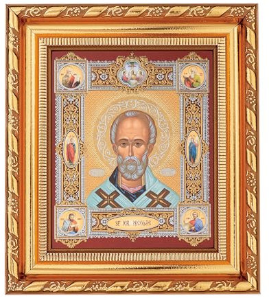 NKlaus Heiliger Nikolaus Wundertäter Ikone im Rahmen mit Glas 14x16cm christlich 11386