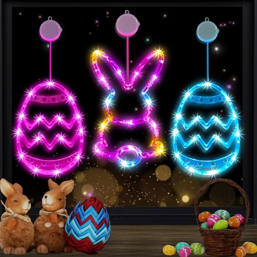 Easter Bunny Eggs Window Lights Decorations, 3/4pcs Easter Eggs Rabbit Shaped Hanging String Lights Multicolor Battery Operated Egg Window Lights with Suction Cup for Indoor Party Home Decor (3pcs)