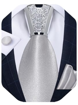 DiBanGu Herren-Krawatten-Set, solide Seidenkrawatte und glänzende Krawatte, Zubehör, Einstecktuch, Manschettenknöpfe, Set mit Geschenkbox für Hochzeitsfeier, silber, Einheitsgröße