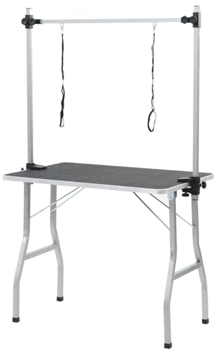 Gecheer Höhenverstellbar Trimmtisch Schertisch Pflegetisch mit 2 Schlingen für Hunde Katzen Klappbar 105 x 61,5 x 160 cm (L x B x H) Schwarz MDF mit Gummi-Oberfläche