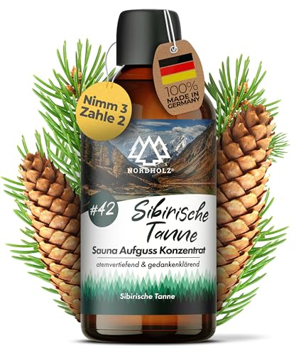 NORDHOLZ® Saunaaufguss 100ml [60 Sorten] Sauna Aufgussmittel Konzentrat | Sauna Duft · #42 Sibirische Tanne · Sibirische Tanne · harzig & waldig · Mit ätherischen Ölen · Made in Bayern