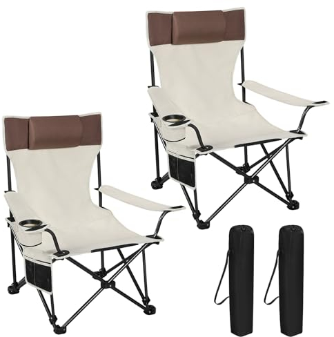 WOLTU Campingstuhl Klappstuhl 2er Set, Faltstuhl Anglerstuhl faltbar für Outdoor, Camping, bis 150 kg belastbar mit Armlehnen und Getränkehalter Beige