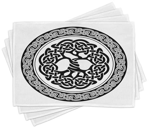 ABAKUHAUS Celtic Place Mats Set of 8, Native Celtic Tree of Life Ireland Early Renaissance Modern Design, Washable Fabric Placemats for Dining Table, Placemat 8 pcs, Black White