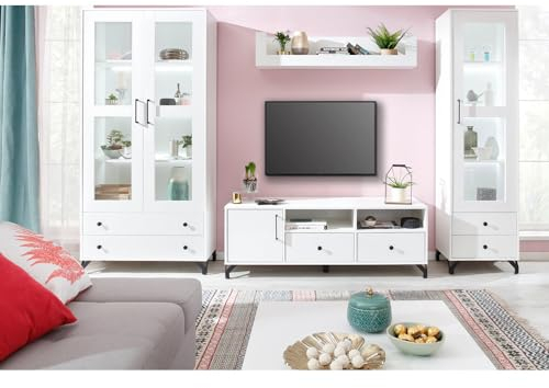 Wohnwand TV-Wand Mediawand Anbauwand weiß Glanz mit Beleuchtung Vitrinenschrank Lowboard Wandboard Vitrine Couchtisch