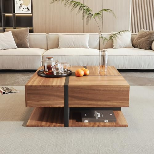 LTGB Coffee Table, Coffee Table with Storage, Square Coffee Table with 4 Drawers and Shelf Storage Space, Brown Coffee Table for Living Room, 78 * 78 * 45 cm (Natural)