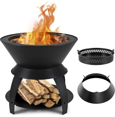 GYMAX Foyer Extérieur en Métal, Brasero Compact 3 en 1 avec Cendrier, Étagère Inférieure pour Rangement de Bûches, Trous pour Entrée d'air, pour Barbecue, Camping