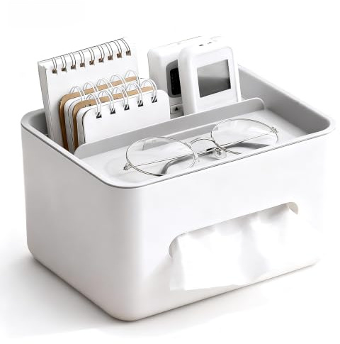 CHEOTIME Rectangular Tissue Holder Cover Case, with Compartments | Multifunction Desktop Tissue Box, Can Place Mobile Phone Pen Stationery Remote Control, Desk Organizer, White Base Gray Lid