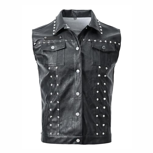 HGKPFGTG Herren Punk Ärmellose Lederweste Motorrad Vintage Button Down Riding Club Biker Weste mit Nieten,Schwarz,S