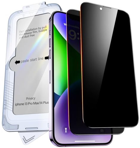 Kuteja [2 Stück] Privacy Sichtschutz für iPhone 13 Pro Max/14 Plus Schutzfolie,[Automatische Staubentfernung] Anti-Kratzen, Anti Spähen, Fingerabdruck-ID Gehärtetem Glas Displayschutzfolie