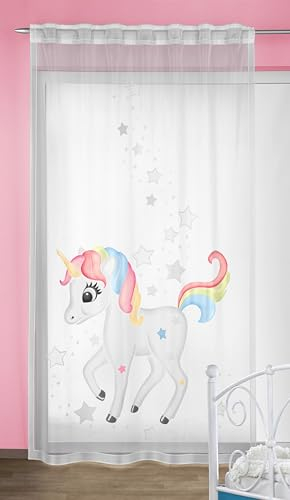 KAMACA Gardine mit verdeckten Schlaufen und Gardinenband Kinderzimmer Voile Weiss transparent Fertiggardine mit wundervollem Motiv Kindergardine HxB 245 x 140 cm (Einhorn)