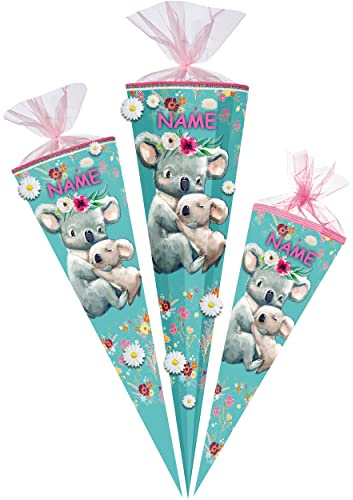 alles-meine.de GmbH mit 3D Stoff - Blumen & Glitzer ! - Schultüte - süße Koala Familie - 70-85 cm - Größe wählbar - inkl. Name - Zuckertüte - Tüllabschluß - Filzabschluß - ecki..