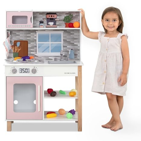 Delta Children Tiny Chef Play Kitchen - Toy Kitchen Playset with Realistic Knobs That Turn/Click, Oven, Sink, Microwave and 15 Pieces of Play Food, Pink