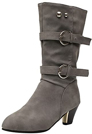 Vintage Tacco Rotondo Plus Toe Mid Donna Cowboy Fibbia Stivali Scarpe Velluto Stivali da donna Tan Coscia Stivali Alti per le Donne Largo Vitello, Grigio, 40 EU