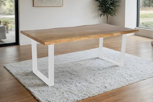 SAM Esstisch Cali | 200 x 100 cm | Akazienholz massiv | Farbe: Eiche | U-Gestell Metall Weiß | Massivholz mit Baumkante | pflegeleichter Baumkantentisch/Esszimmertisch