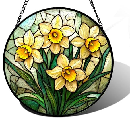 DASTOLL Buntglas-Fensterbehang, Narzissenpflanze, Blumen, Sonnenfänger, Diamantglasscheibe, Sonnenfänger, Dekoration für Geburtstag, für Frauen, Männer, Ehefrau, Tante und Mutter, 30 x 30 cm