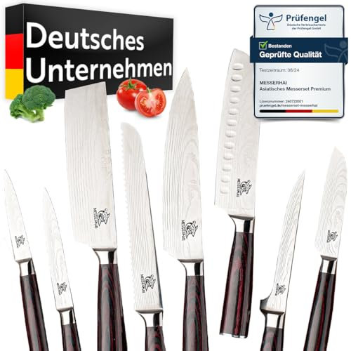 Messerhai Messerset Sakura, 8-teiliges Küchenmesser-Set mit Pakka-Holz-Griffen – Chefmesser, Santoku, Ausbeinmesser, Brotmesser, Schälmesser, Nakiri, Yanagiba, in Geschenkbox