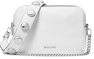 Michael Kors Women's Bryant Medium Double Zip Chain Camera Crossbody Bag, Silver-Tone Hardware/Pebbled Leather W/Dome Studded Strap/Optic White, One Size