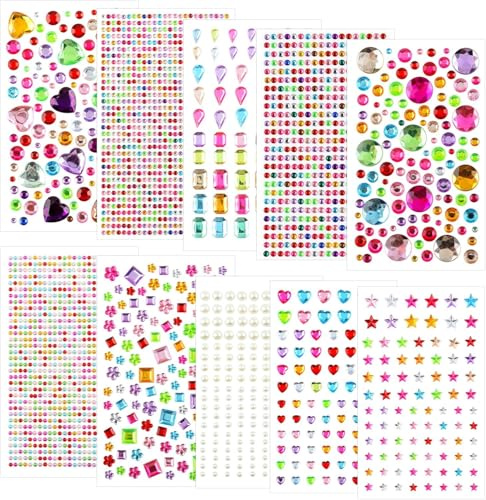 2721 Pezzi Strass Adesivi, 10 Fogli Brillantini Adesivi Viso, Diverse Forme Rhinestones Stickers per Unghie, Viso, Feste, DIY, Decorazioni Telefono, PC, Cellulare e Auto | Strass autoadesivi, 3-15 mm, diverse forme per festival, trucco, unghie, cornice per foto, biglietti di auguri, fai da te