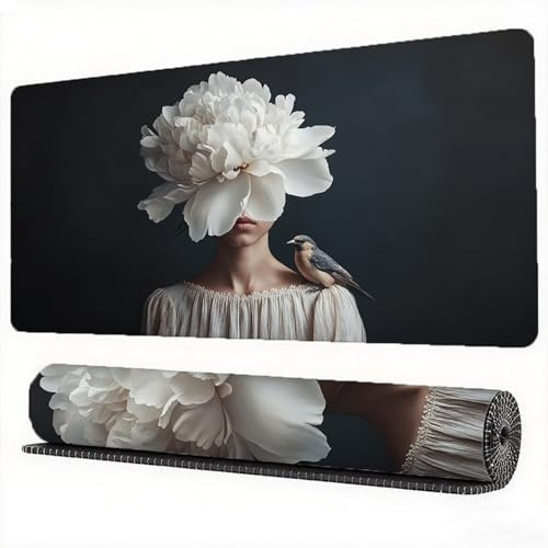 Schwarz Mauspad XXL 600 x 400 mm Gaming Mousepad Blume Mauspad, Vernähte Kanten Rutschfeste Gummiunterseite, Mouse Pad Verbessert Mouse Präzision und Geschwindigkeit für PC Laptop Office Deko,Model887
