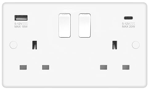 EVOGES Vector 13A 2 Gang Double Pole Switched Socket with USB A & C 20W Fast Charging – White Gloss, Built-In USB Wall Outlet, Includes Fixing Screws & Screw Caps