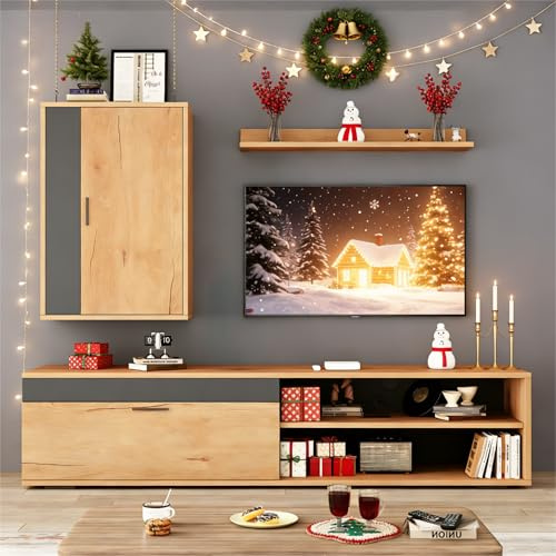 ModernLuxe 3 Pezzi Parete Attrezzata Soggiorno, Mobiletto TV, Mensola a Muro, Moderno Mobile TV, Set di Mobili per Soggiorno, legno + nero