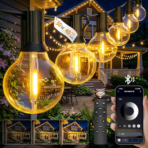 Lichterkette Außen Outdoor Strom 30M/100FT G40-Intelligente LED Lichterkette außen mit App & Fernbedienung(Doppelsteuerung),40+2 dimmbare Lampen,IP44 Wetterfest,Timer für Garten,Balkon,Pavillon,Party