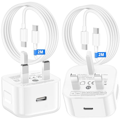 2 Pack 20W PD iPhone Fast Charger for iPhone 17 16 15, UK Charger Plug with 2M/6FT USB C to USB C Cable Compatible with Apple iPad Pro/Air/Mini，for Home Office and Travel
