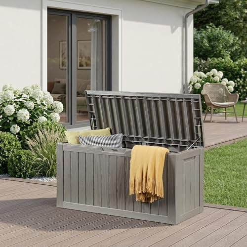 casa.pro Gartenbox Vades Aufbewahrungsbox mit Deckel 117 x 47 x 59 cm Auflagenbox Gartenkiste wetterfest Gartentruhe 300 L abschließbar Kissenbox outdoor Hellgrau, Holzoptik