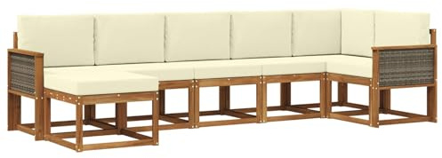 vidaXL Outdoor-Sofagarnitur mit Kissen 7 pcs Natur und Creme Polyester, Modularer Gartensofa-Set, modernes Outdoor-Sofa, wetterfester Terrassenmöbel, Akazienholz, braunes Sitzen