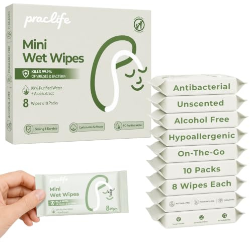 Antibacterial Wet Wipes Travel Essential, 10 Pack Mini Pocket Size Hand Wipes 80pcs, Alcohol Free, Hypoallergenic for Adults & Kids Multipurpose Cleaning