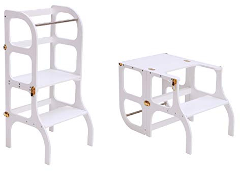 Ette Tete STEP'n'SIT® • Wandelbare Montessori Lernturm + Tisch, 2 in 1 (Weiß, mit goldenen Verschlüssen)