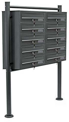Wiltec 10er Briefkastenanlage Anthrazit 898 x 270 x 1500 mm, Standbriefkasten mit 2x5 Fächern, Schlüssel und Namensschild, Briefkasten Postkasten mit Ständer