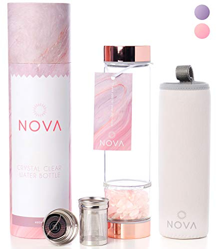 Rose Gold 15 oz Crystal Infused Water Bottles | Unique Gifts for Women | Witchcraft Supplies | + Protective Sleeve + Tea Infuser + Removable Crystals (Rose Quartz)