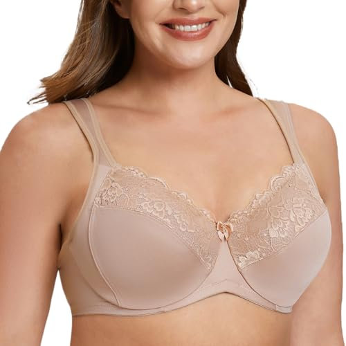 MELENECA Donna Reggiseno Pizzo Minimizer Taglie Forti Cinghie Imbottite Coppa Piena con Ferretto Beige 6D