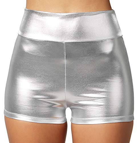 dressforfun 901007 Damen Metallic Hotpants, glänzende Shorts mit hoher Taille, eng anliegende kurze Hose für Tanz Sport Disco Kostüm Fasching Karneval - diverse Größen - (M | Silber | Nr. 303573)
