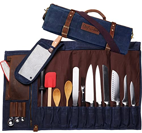 Chef Sac Chef Knife Roll Bag | 16oz Ultra Wax Canvas & Top Grain Leather | 22 Slots & 4 Zipper Pouch | Double Stitch | Water-Resistant | Cleaver Pouch | Knife Organizer for Chefs