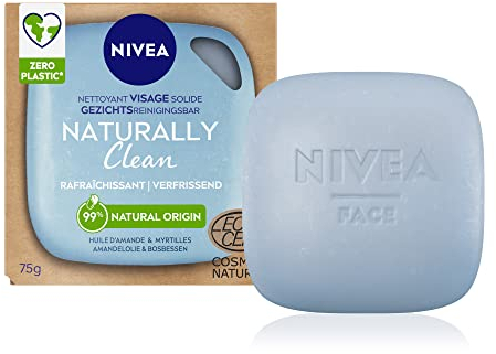 NIVEA NATURALLY Clean Nettoyant Visage Solide Rafraîchissant (1 x 75 g), Soin visage nettoyant sans savon ni parfum, Nettoyant solide au PH neutre pour la peau