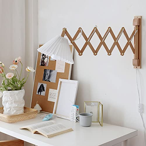 Holz Wandlampe mit Schalter Innen Vintage Wandleuchte Verstellbar Teleskoparm Scherenlampe Ausziehbar Flexible Wand-Leselampe Schlafzimmer Nachttischlampe mit Kabel Stoffschirm E27 Wandleuchtung Holz