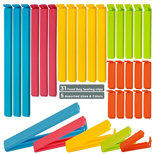 Set of 31 - Food Bag Clips in 5 Sizes & Colours, Reusable Plastic Clips for Snacks, Coffee, Air Tight