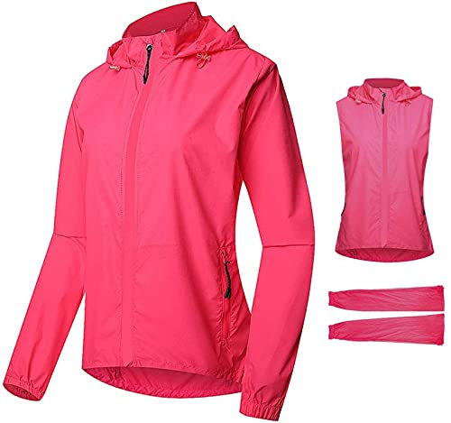 IQOAIJ Womens Cycling Jacket with Removable Sleeves High Visibility Reflective Waterproof Breathable Bike Vest with Hood Bicycle Rain Jacket Windbreaker,XL