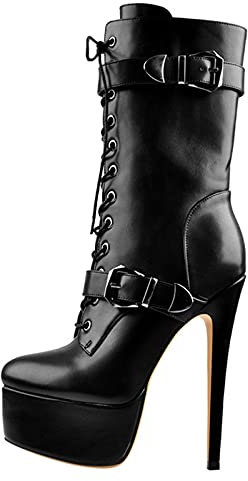 Stivaletti alla Caviglia con Cerniera con Plateau da Donna 17cm Tacco a Spillo con Tacco Alto Moda con Lacci in Metallo Tacchi a Spillo con Fibbia Stivali Sexy,Nero,43 EU