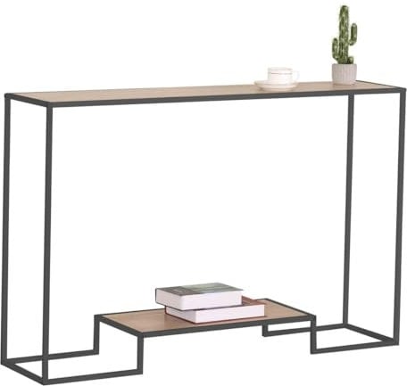 Calicosy - Console 2 Niveaux - Effet Bois Chêne - Panneaux De Particules - Structure Acier Noir Mat - 2 Tablettes Rangement - Entrée, Couloir Ou Salon - Style Industriel - L 120 x P 30 x H 80 cm