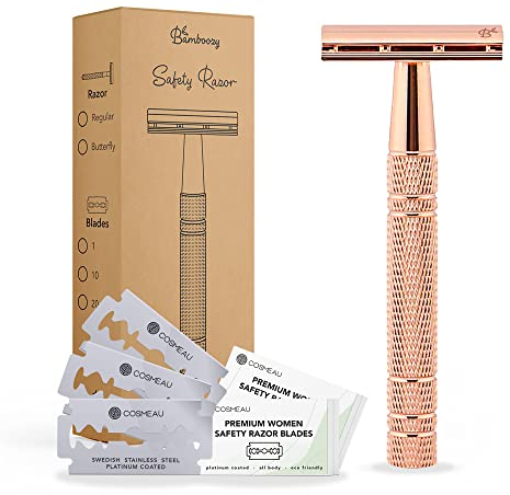 Bamboozy Rasierhobel für Damen - Safety Razor für Damen - Aluminium - Zero Waste - Double Edge Nassrasierer (20 Rasierklingen, Rose Gold)