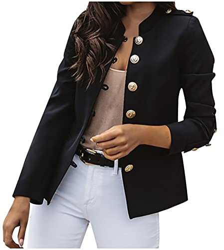 HHMY Sweatblazer - Giacca da donna elegante, con bottoni, stile militare, casual, con colletto alto, per il tempo libero, per lavoro, ufficio, giacche slim fit, blazer, taglia M - 3XL, Nero , L